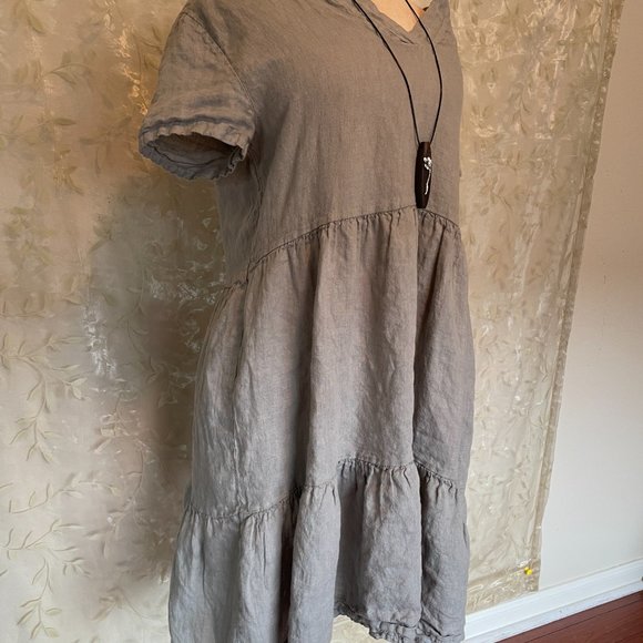 New Francesca Bettini 100% Linen Midi Dress Women's Size 1X Gray Tiered Design - Picture 4 of 13